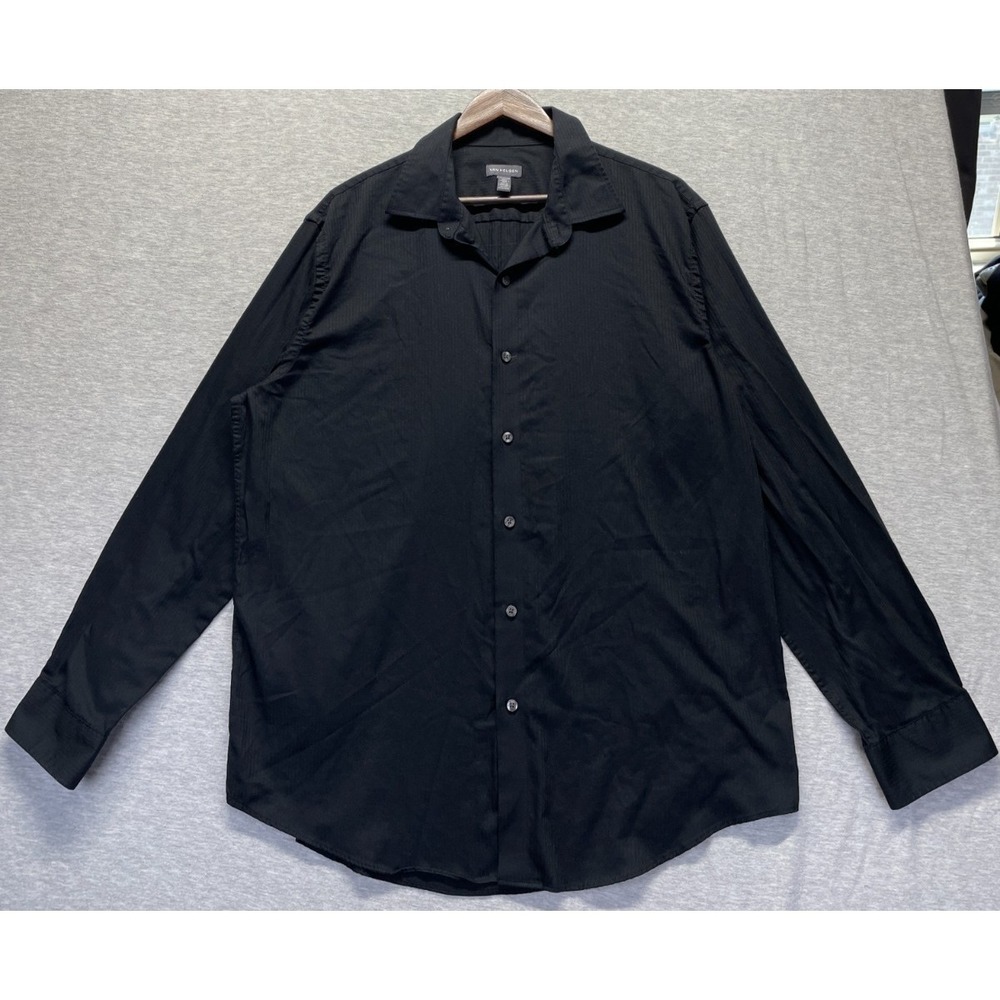 Van Heusen Dress Shirt Mens XL 17-17.5 Black Striped Textured Business Formal